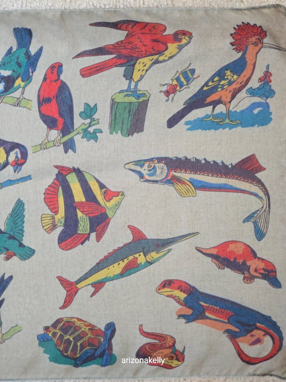Vintage Animal Print Oblong Scarf Birds Fish Mammals Reptiles 1940's Design - Picture 4 of 11